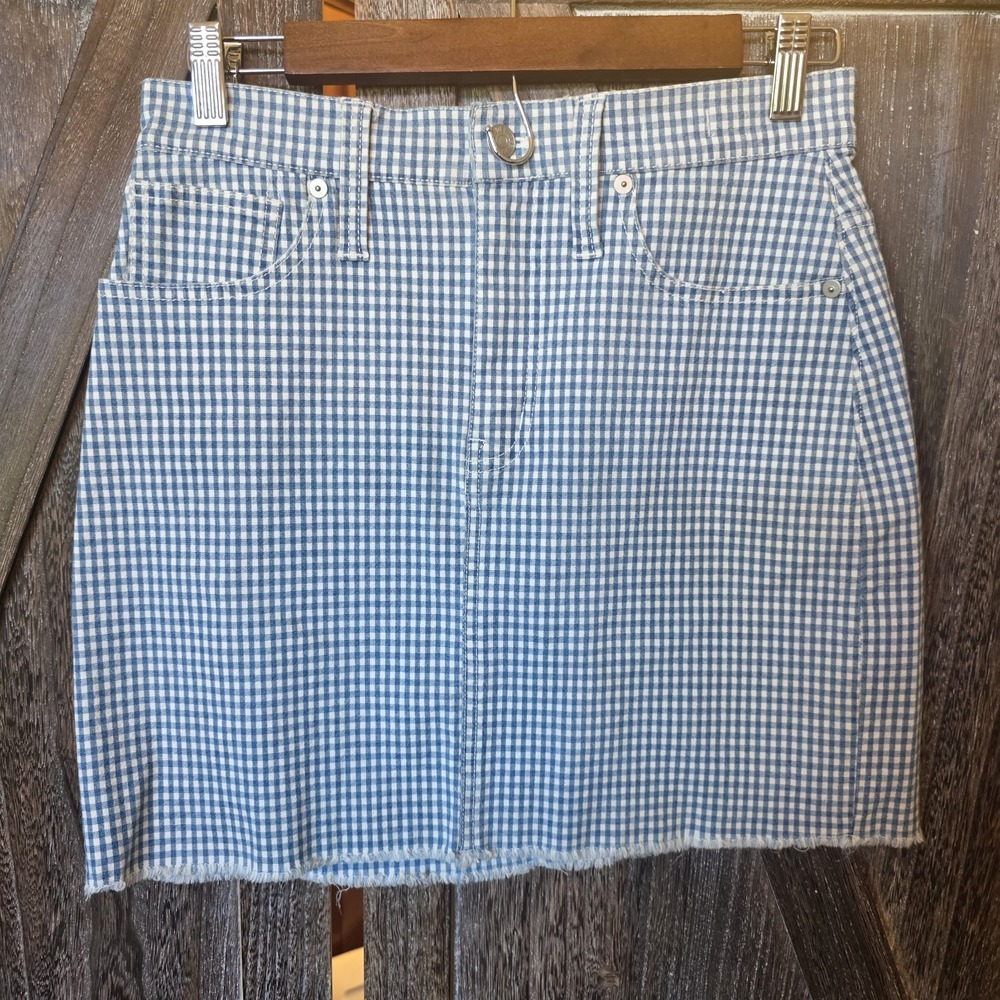 Madewell Skirt Women's Size 26 Blue & White Gingham Stretch Denim Mini Raw Hem